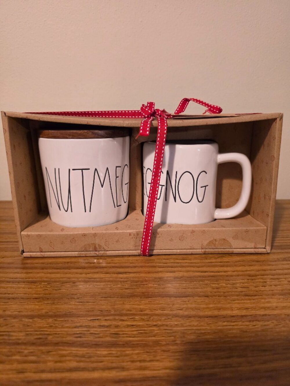 Rae Dunn Eggnog Mug & Nutmeg Cellar Canister Set NIB Wood Lid Christmas Gift Box